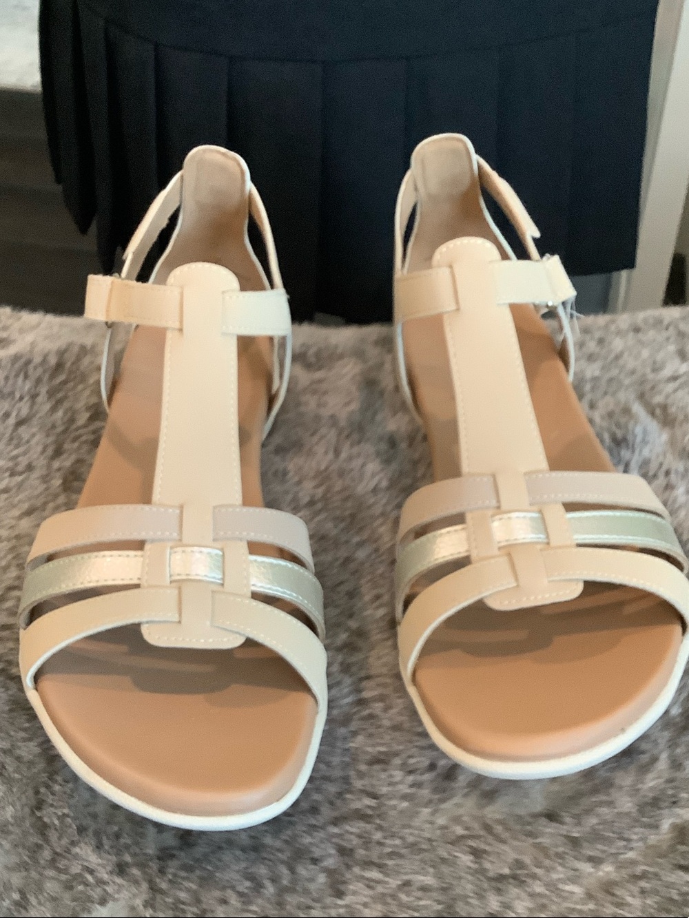 Women’s Neutral T-Strap Sandals with Metallic Accent